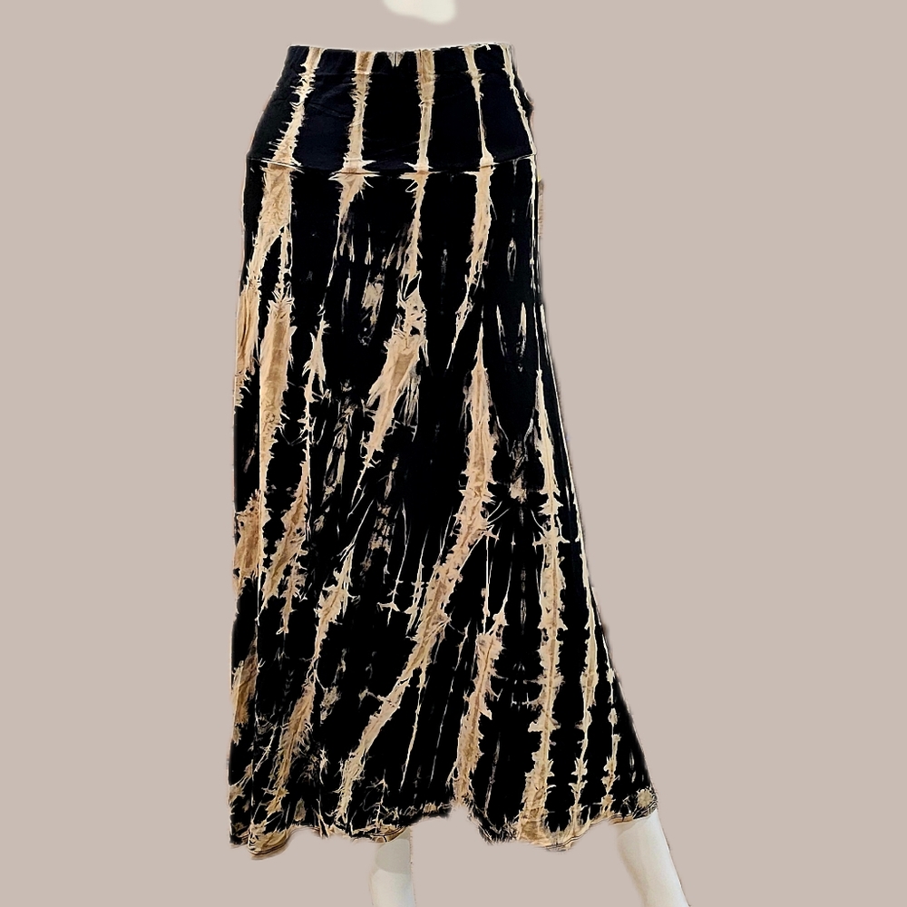 TIE DYE Stretchy Rayon Midi Skirt Blk/ Ivory/Tan-OS-NWT